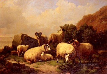 ユージン・ヨーゼフ・フェルベックホーフェン Painting - 海岸沿いで放牧される羊 ユージン・フェルベックホーフェンの動物